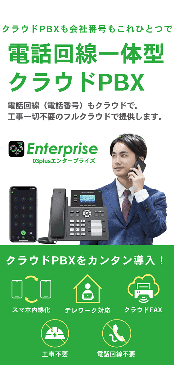 クラウドPBXも会社番号もこれひとつで 電話回線一体型クラウドPBX 03plusエンタープライズ 電話回線（電話番号）もクラウドで。工事一切不要のフルクラウドで提供します。