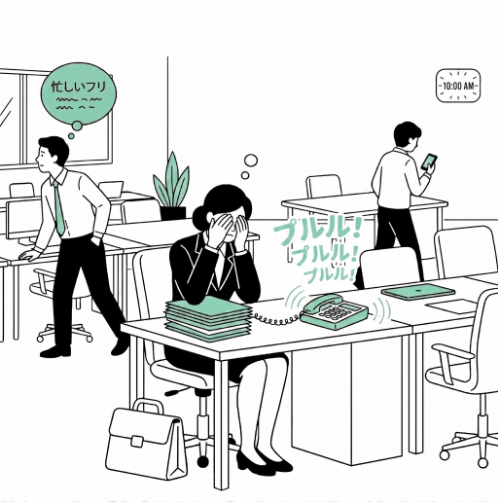オフィスに人が少なく、電話対応できる社員がおらず困っている様子